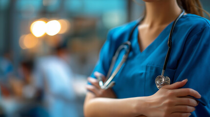 Asian female doctor in blue scrubs with stethoscope, faceless hospital room portrait, healthcare professional photography, medical career content, patient care services