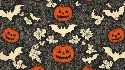 Vintage Halloween pattern with carved pumpkins, bats, and botanical elements