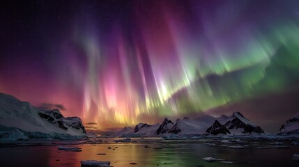 Vivid aurora borealis display over a snowy, icy, mountainous landscape with calm water