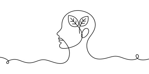 A minimalist line drawing of a human head with a leafy plant growing inside, symbolizing growth and harmony