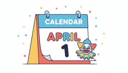 Desktop calendar icon showing april 1 date with cute clown character and confetti isolated on white background. April fools day celebration concept