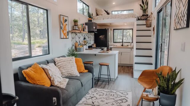 Medium shot of a luxury tiny house featuring modern fixtures sleek surfaces and elegant decor emphasizing comfort and highend design in a compact space.