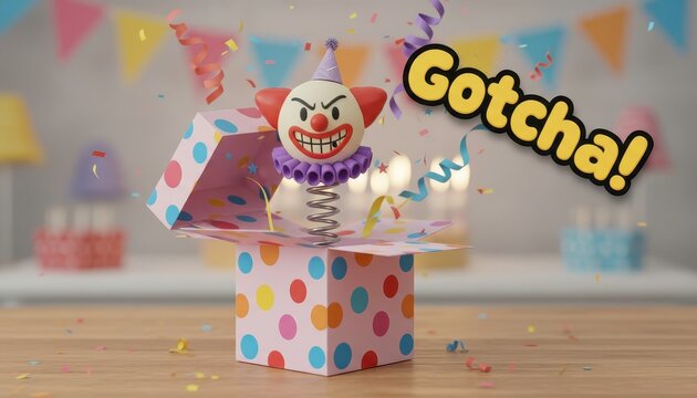 Clown popping from box with Gotcha cha sign, balloons and party streamers, fun prank.
