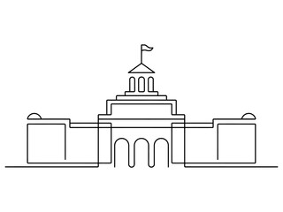 A minimalist line drawing of a government building with a flag on top
