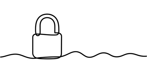 A simple line drawing of a padlock partially submerged in wavy lines on a white background