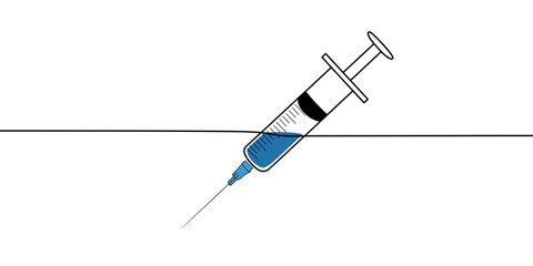 A medical syringe injecting blue liquid into a surface