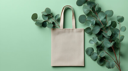 Canvas tote bag mockup with eucalyptus branches on a green background, sustainable lifestyle and eco-friendly shopping concept for organic product branding and retail
