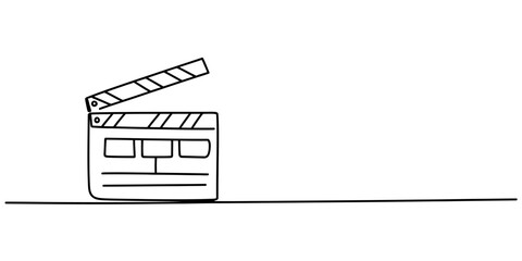 A minimalist line drawing of a movie clapperboard on a plain background