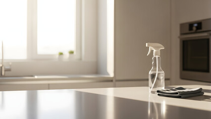 Clear spray bottle and microfiber cloth on a modern kitchen counter with bright sunlight for home cleaning concept and domestic hygiene