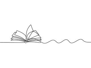 A minimalist line drawing of an open book with a continuous line forming a leaf and flowing into the distance.