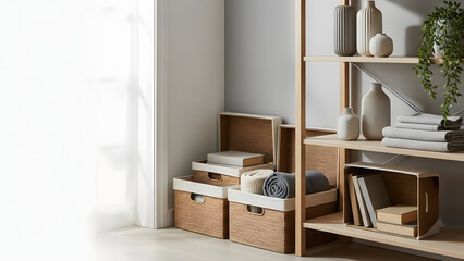 Woven storage baskets and decorative elements on wooden shelves in a bright modern home interior for a clean organization concept with ample copy space