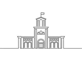 A simple line drawing of a building with a tower and flag
