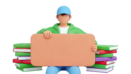 3D Character with Books and Blank Sign