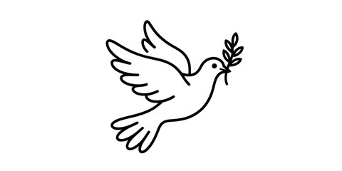 A simple line drawing of a dove holding an olive branch in its beak, symbolizing peace.