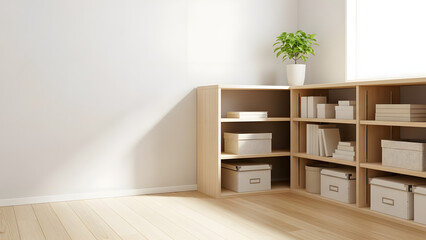 Bright empty room with minimalist wooden shelves and a small houseplant for a modern home organization concept and clean design