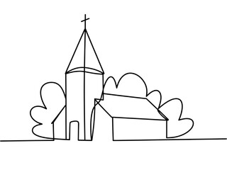 A simple line drawing of a church with a steeple and trees