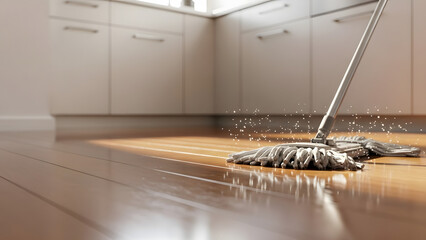 Mop cleaning a shiny wooden floor with splashing water in a modern kitchen for a household cleanliness concept and domestic hygiene