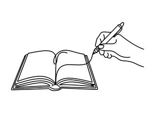A hand holding a pen writing in an open book with blank pages.