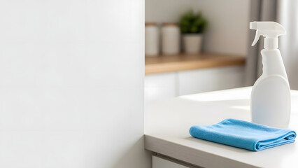 White spray bottle and blue microfiber cloth on a clean kitchen counter for home cleaning concept with bright copy space