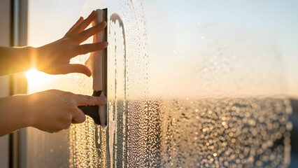 Hands using a squeegee to clean a window pane during a warm golden hour sunset for a fresh start concept and home hygiene