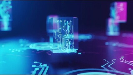 A futuristic 3D rendering of a glowing blue circuit board with a prominent central microchip viewed from a slightly elevated perspective. - Powered by Adobe