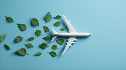 White model airplane flying with green leaves trailing behind on blue background, representing sustainable aviation and eco-friendly travel for environmental protection