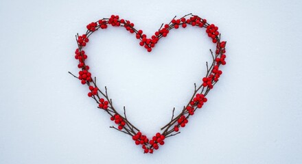 Heart shape made of red berries on white snow