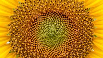 Close-up macro shot of a sunflower center with pollen details, vibrant yellow tones, high resolution