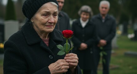 Elderly woman holding red rose at cemetery