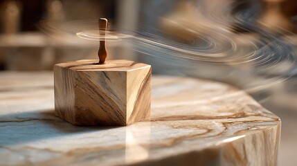 Wooden top spinning on marble surface, motion blur, artistic aesthetic, focus on geometric shape