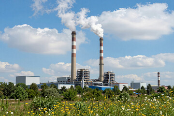 A large factory where lush green plants grow from chimneys instead of smoke. Concept of eco-friendly industry, sustainability, and nature's triumph.