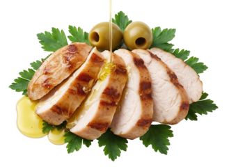 Sliced grilled chicken breast with olive oil pour and herbs isolated on black background, premium food photography for packaging, restaurant menus, advertising, amazon mockups