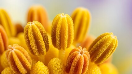 Extreme macro photograph of pollen grains on flower stamens, scientific botanical detail