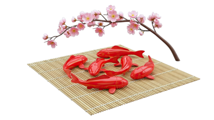 Red Koi Fish and Cherry Blossoms on Bamboo Mat