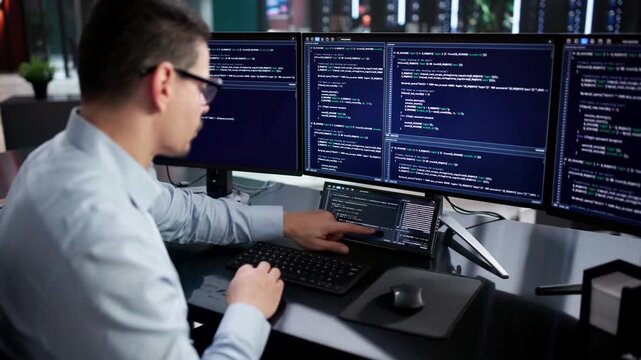 Man Programmer Coding Software On Computer