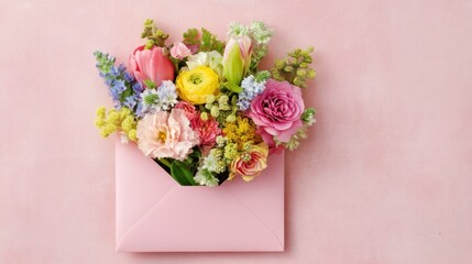 Colorful spring flowers arranged in pink envelope on pastel background.