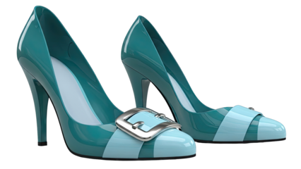 Teal and Blue Striped High Heel Shoes with Silver Buckle