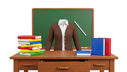 Teacher's Desk with Books, Chalkboard, and Empty Torso