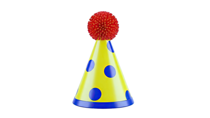 Yellow polka dot party hat with red spiky pom-pom
