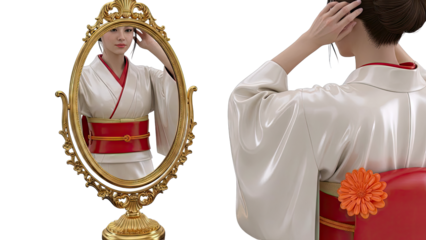 Woman in Kimono Adjusting Hair in Ornate Mirror