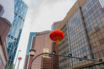 Paper lantern in Chinatown on the background of high rise buildings 