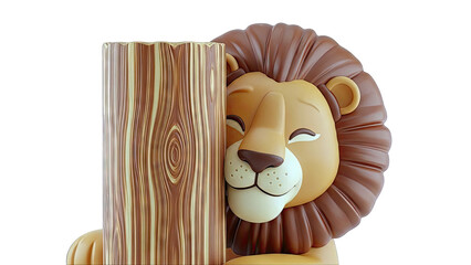 Cartoon Lion Peeking from Behind a Tree Trunk