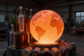 Glass bottles melting into a glowing crystal globe in a workshop. Concept of glass recycling, global renewal, and industrial transformation.