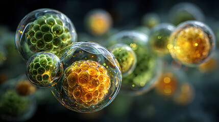 Cluster of glowing green and yellow transparent spheres representing cellular biology, science, and data connections in a vibrant abstract composition