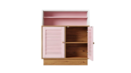 Pink and Wood Cabinet with Open Doors and Shelves