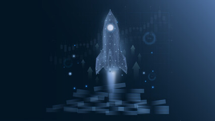 A digital rocket takes off, symbolizing innovation and progress. The background features abstract elements representing growth and exploration.