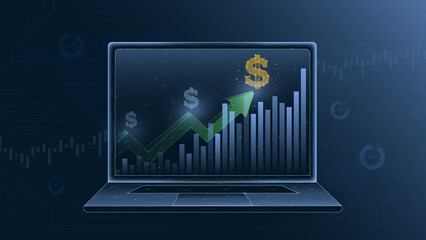 This image showcases a laptop displaying a financial growth chart with dollar signs, symbolizing increasing profits and success in investments.