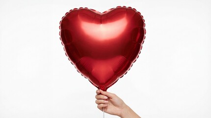 Red Heart Shaped Foil Balloon Held by Female Hand on White Background