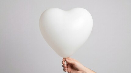 Hand Holding White Heart Shaped Balloon on Light Grey Background