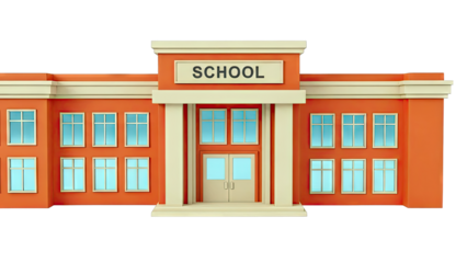 Cartoon school building with orange walls and beige accents